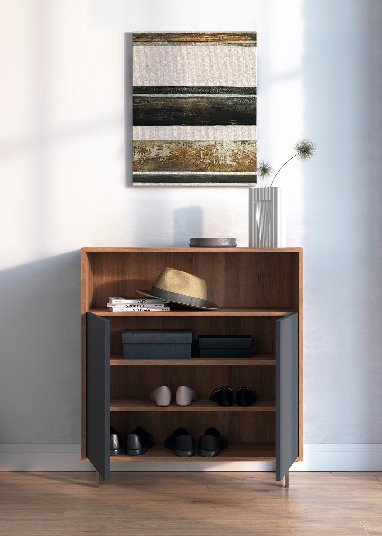 Zapatero de madera de haya y melamina 80x28x87 cm Luis