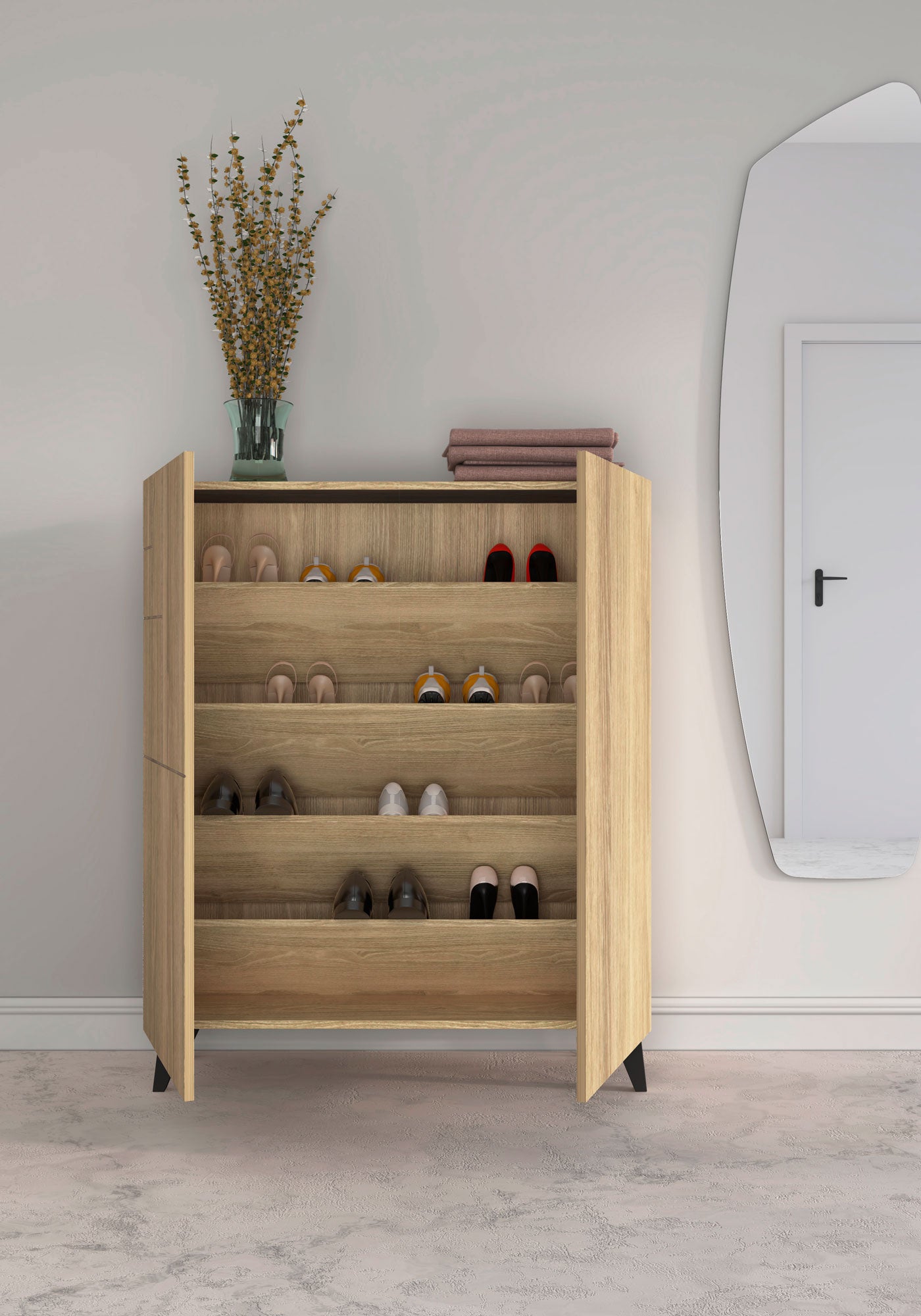 Zapatero multifunción de melamina, diseño moderno con patas en forma de cuña, maussa, roble, negro
