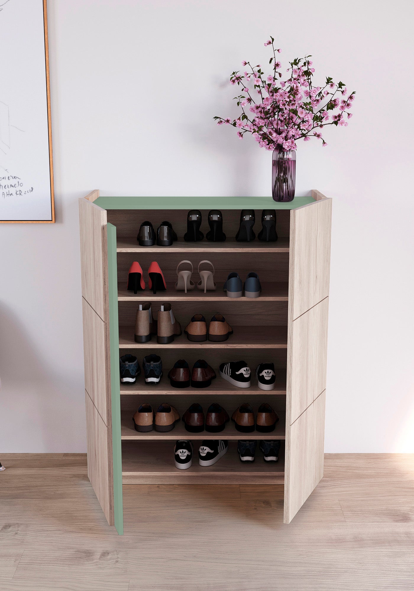 Zapatero multifunciones de melamina 95x35x122 cm Roble