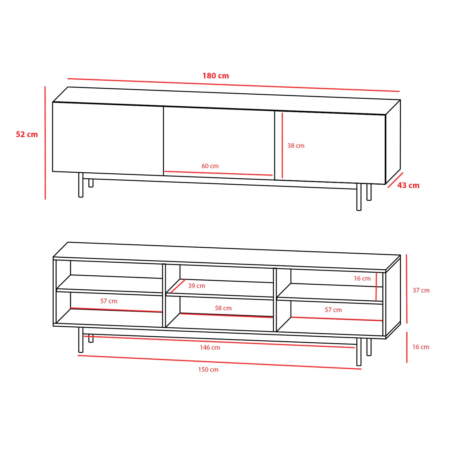 Mueble TV de melamina 180x44x52 cm Max