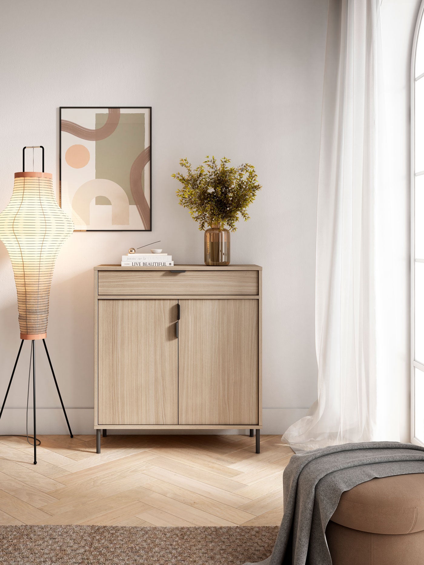 Zapatero de madera de haya y melamina 89x80x29 cm