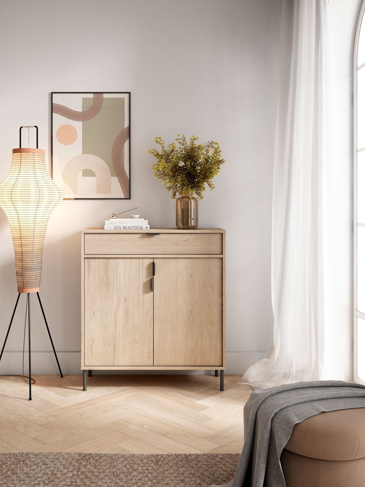 Zapatero de madera de haya y melamina 89x80x29 cm