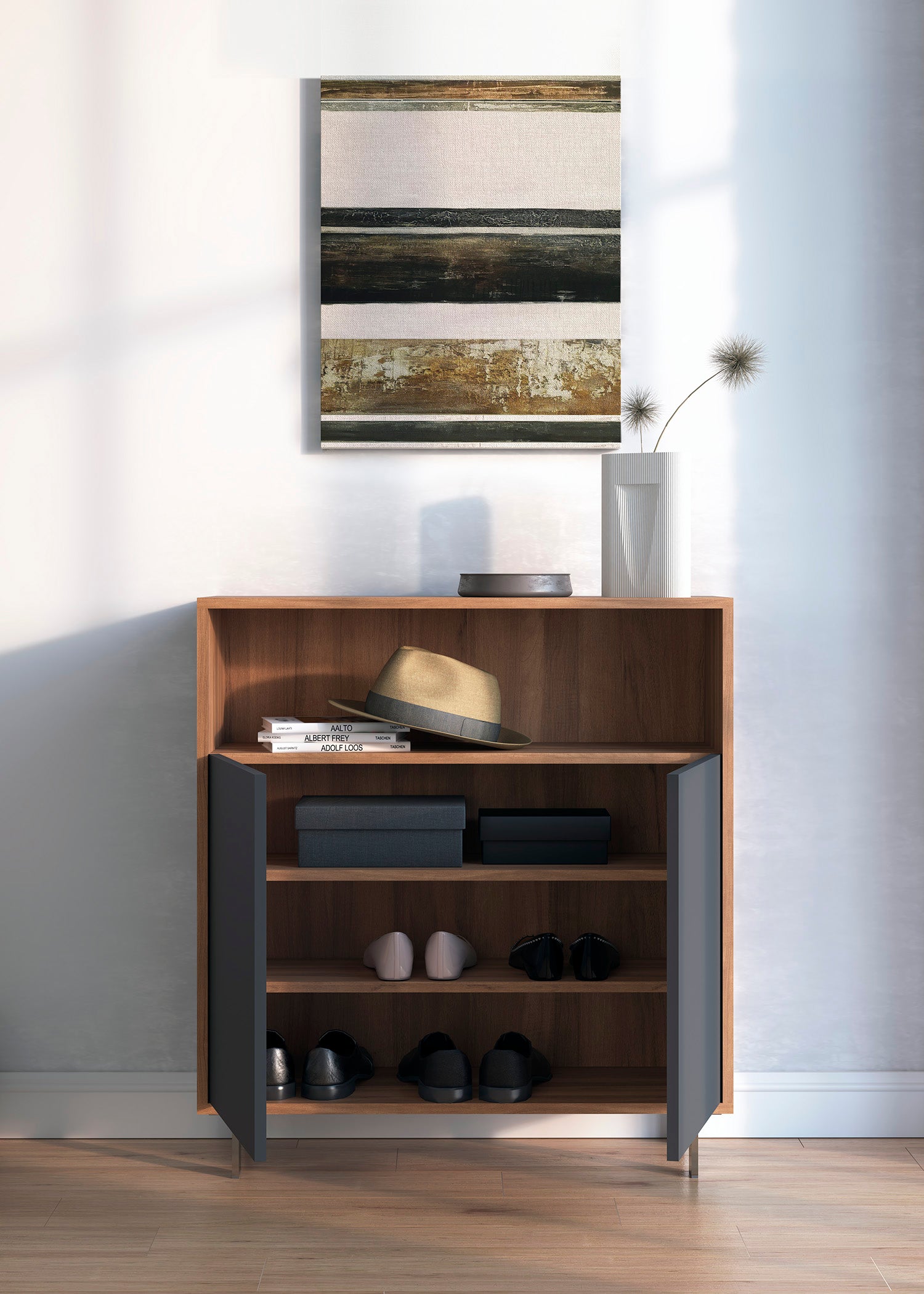 Zapatero de madera de haya y melamina 80x28x87 cm Luis