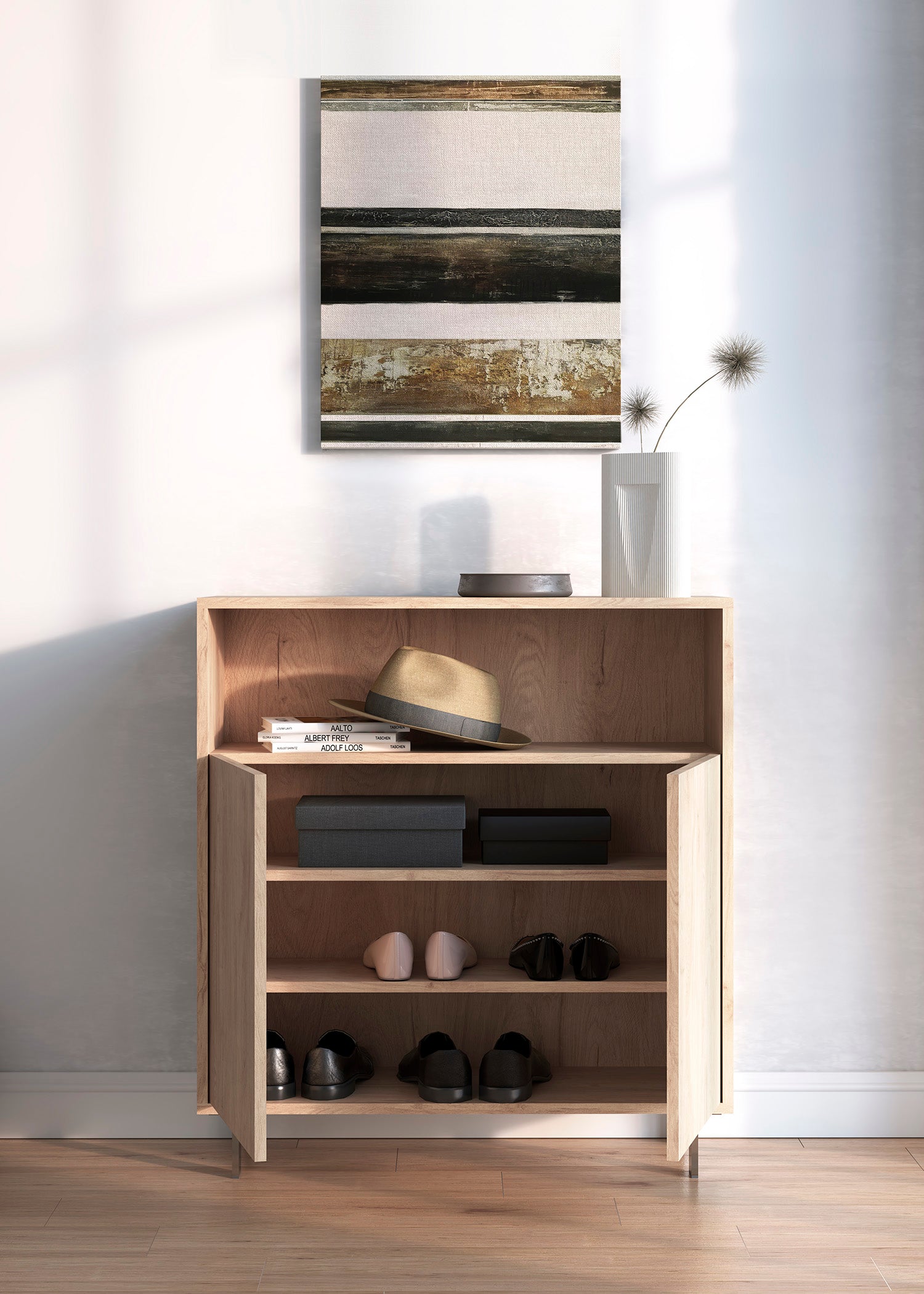 Zapatero de madera de haya y melamina 80x28x87 cm Luis