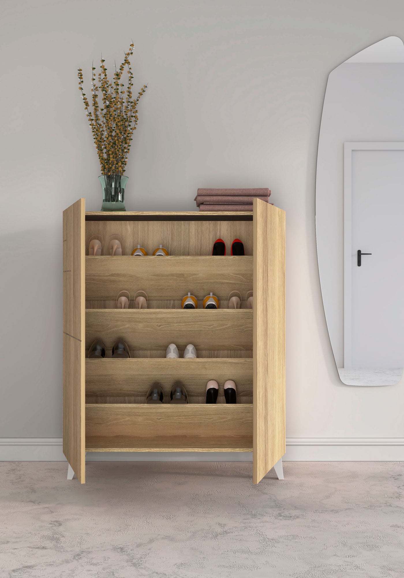 Zapatero multifunción de melamina, diseño moderno con patas en forma de cuña, maussa, roble, blanco