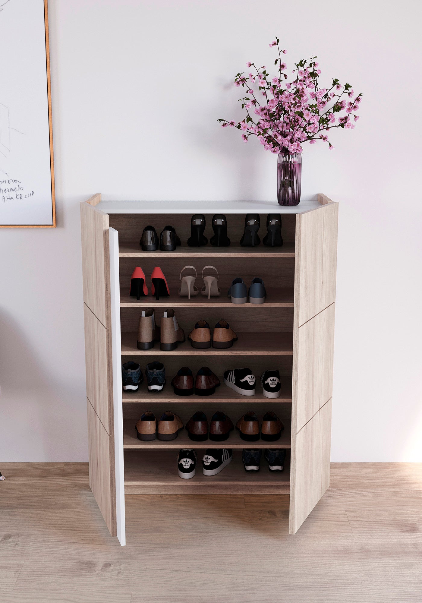 Zapatero multifunciones de melamina 95x35x122 cm Roble