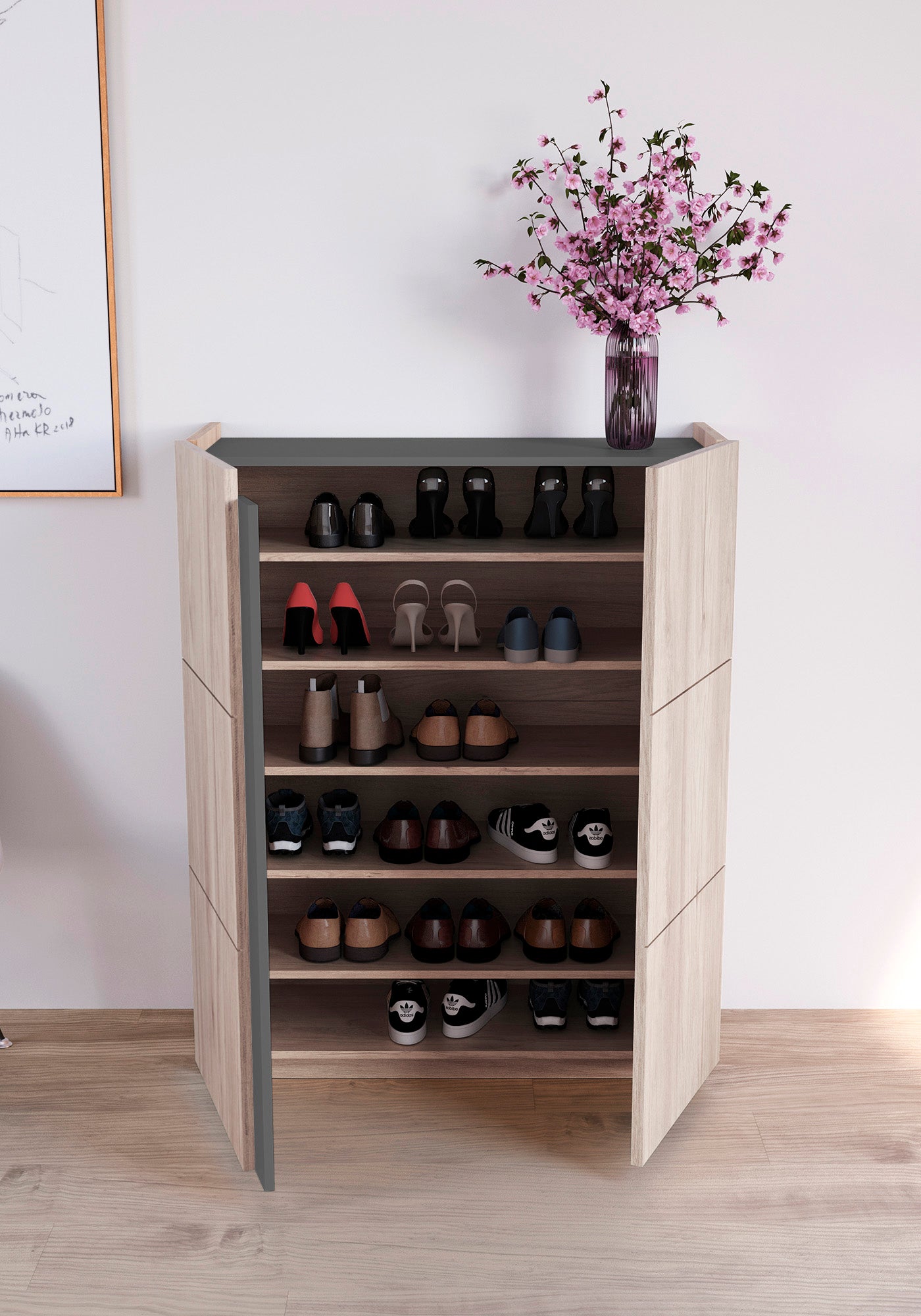 Zapatero multifunciones de melamina 95x35x122 cm Roble