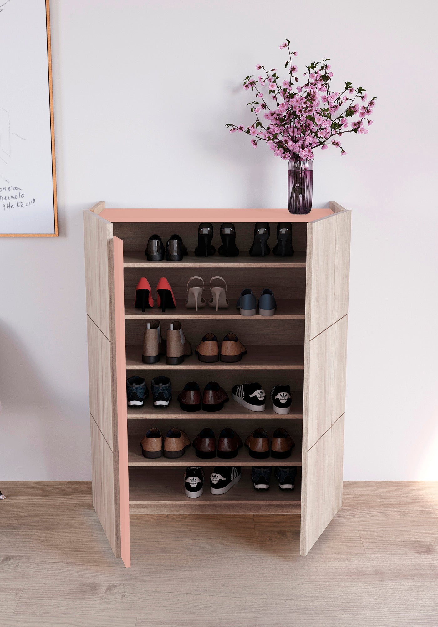 Zapatero multifunciones de melamina 95x35x122 cm Roble