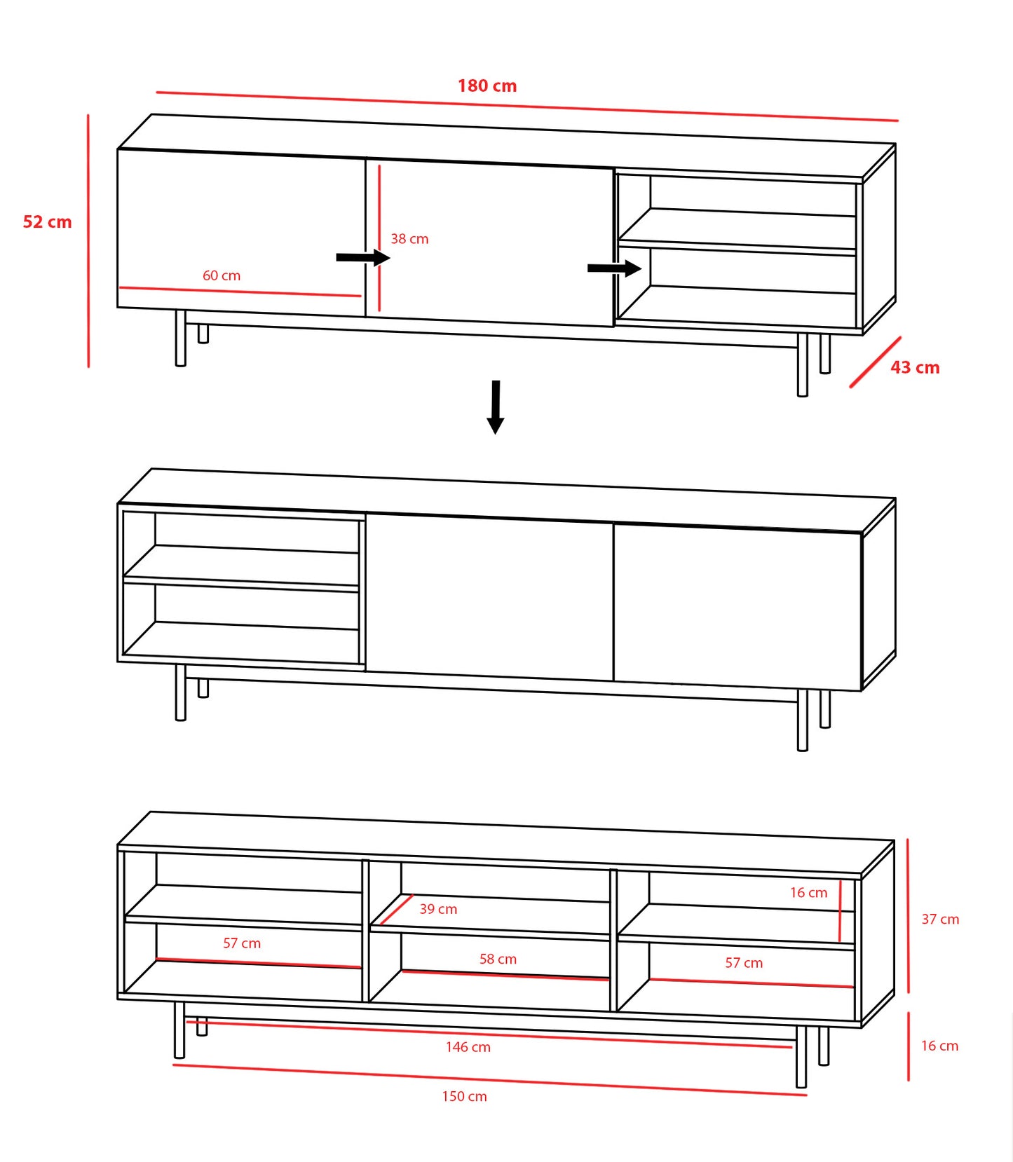 Mueble TV de melamina 180x44x52 cm Maximiliano