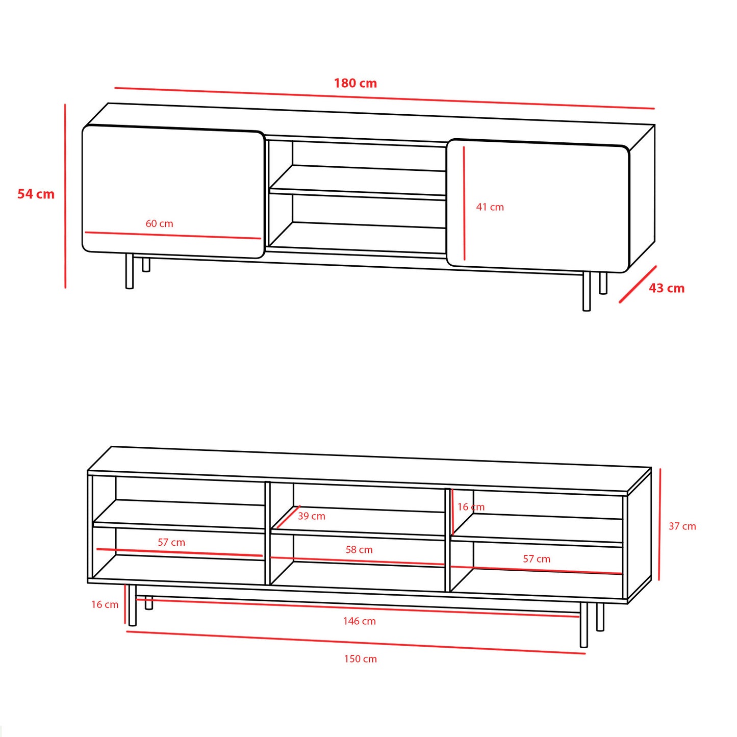 Mueble TV de melamina 180x44x54 cm Milo