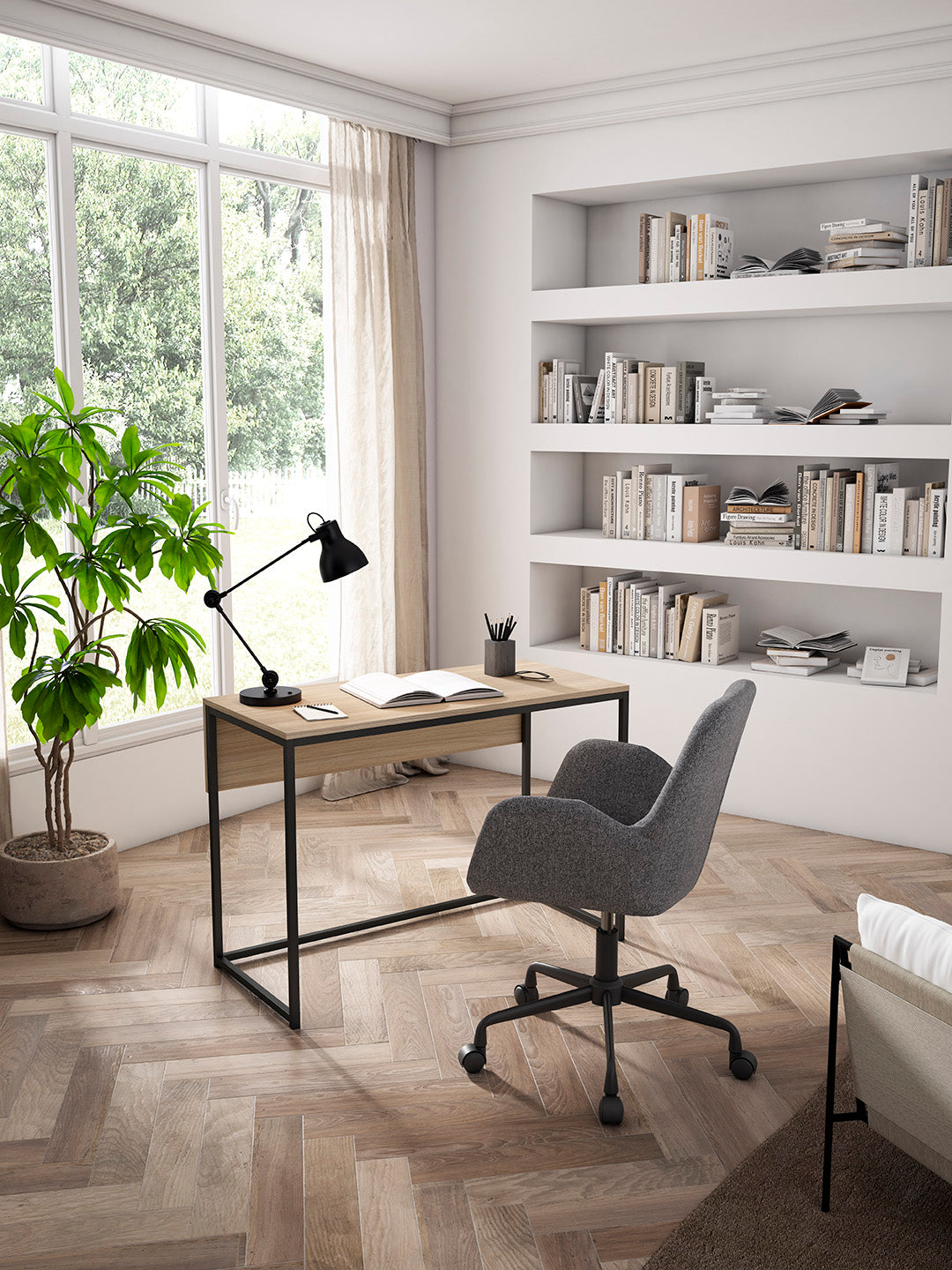 Escritorio de melamina y metal nogal claro, diseño moderno y sostenible, fabricado en España, españa, maussa, nogal
