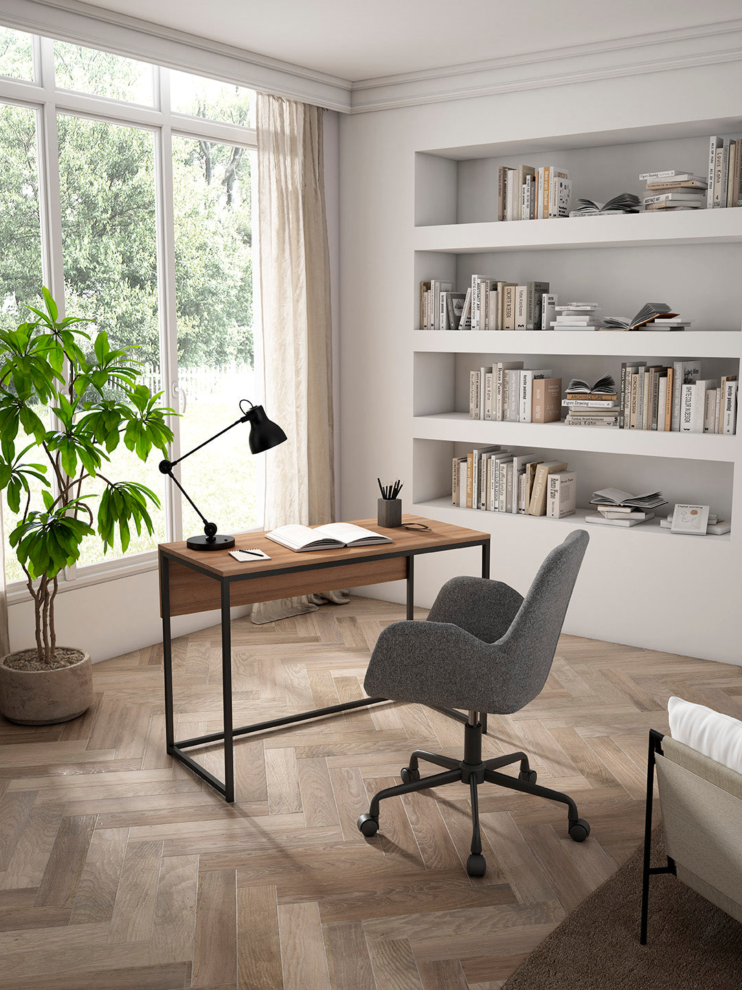 Escritorio de melamina y metal nogal claro, diseño moderno y sostenible, fabricado en España, españa, maussa, nogal