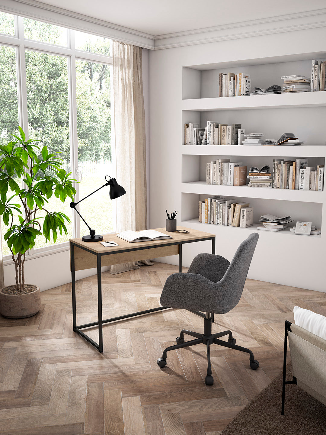 Escritorio de melamina y metal nogal claro, diseño moderno y sostenible, fabricado en España, roble, maussa, españa