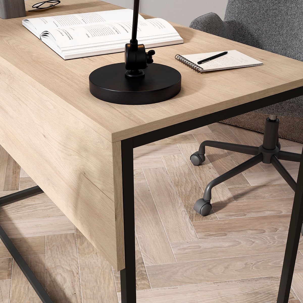 Escritorio de melamina y metal nogal claro, diseño moderno y sostenible, fabricado en España, roble, maussa, españa