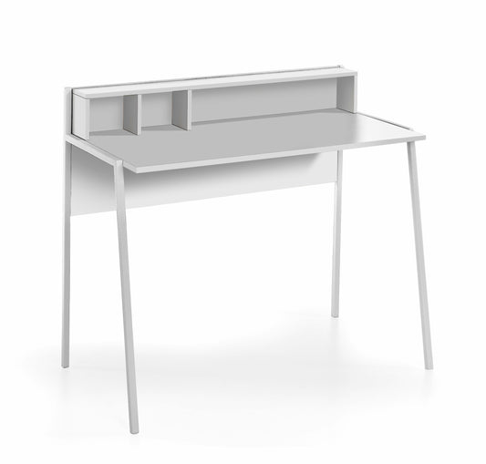 Escritorio de melamina con estantería elevada, diseño español, patas metálicas lacadas en blanco o grafito, blanco, maussa