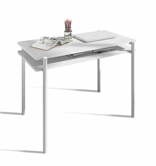 Escritorio de melamina Herdasa con doble tapa y cajonera abierta, diseño moderno y funcional, fabricado en España, maussa, blanco