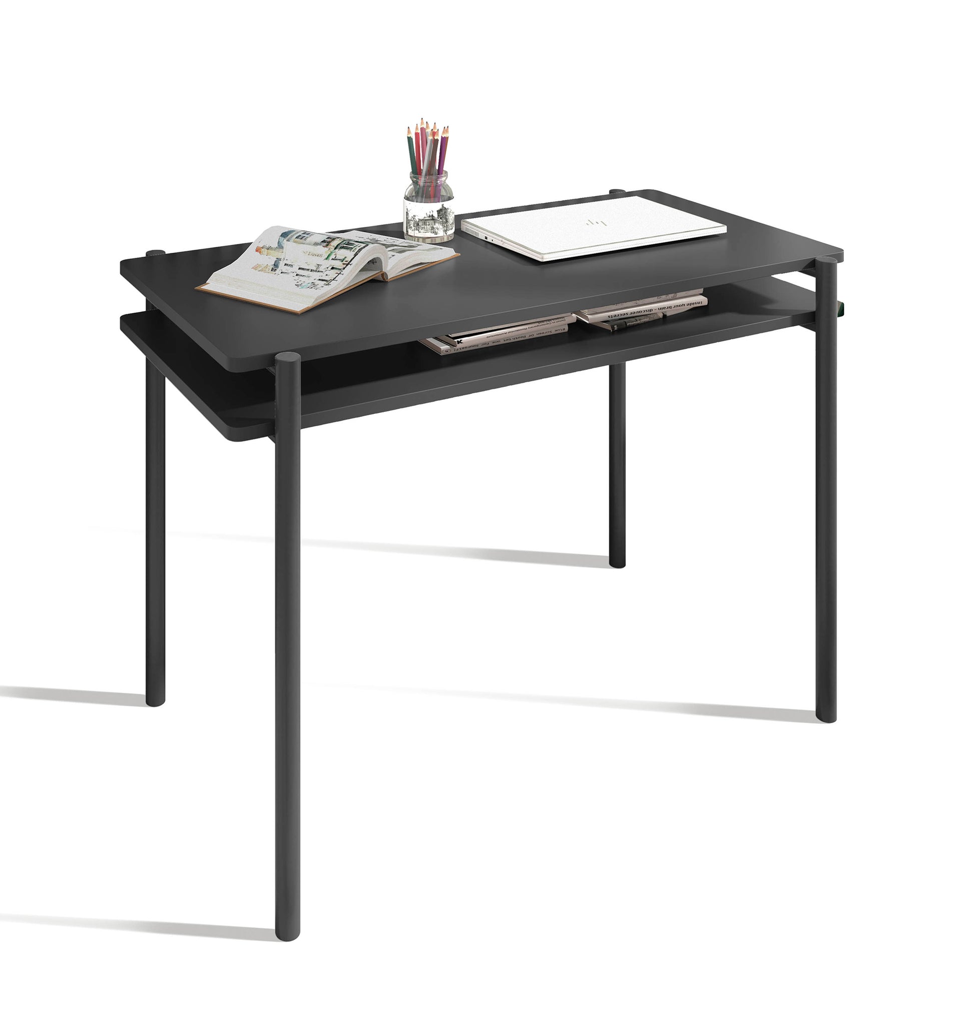 Escritorio de melamina Herdasa con doble tapa y cajonera abierta, diseño moderno y funcional, fabricado en España, maussa, grafito