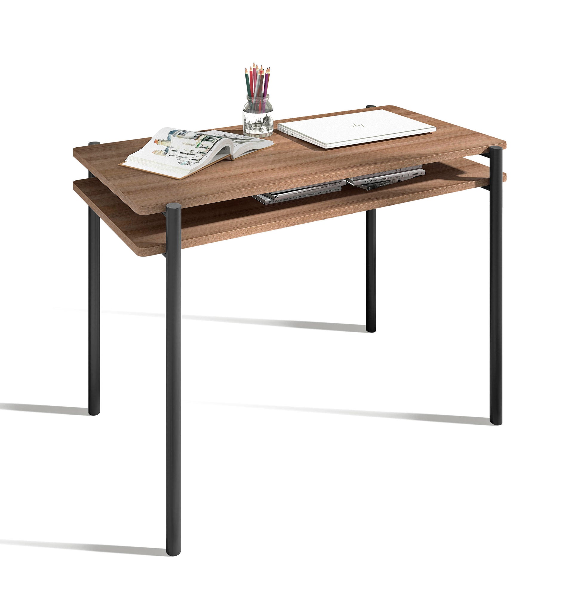 Escritorio de melamina Herdasa con doble tapa y cajonera abierta, diseño moderno y funcional, fabricado en España, maussa, nogal