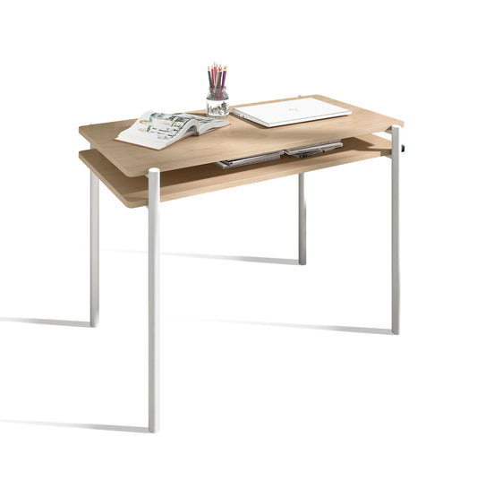 Escritorio de melamina Herdasa con doble tapa y cajonera abierta, diseño moderno y funcional, fabricado en España, maussa, roble