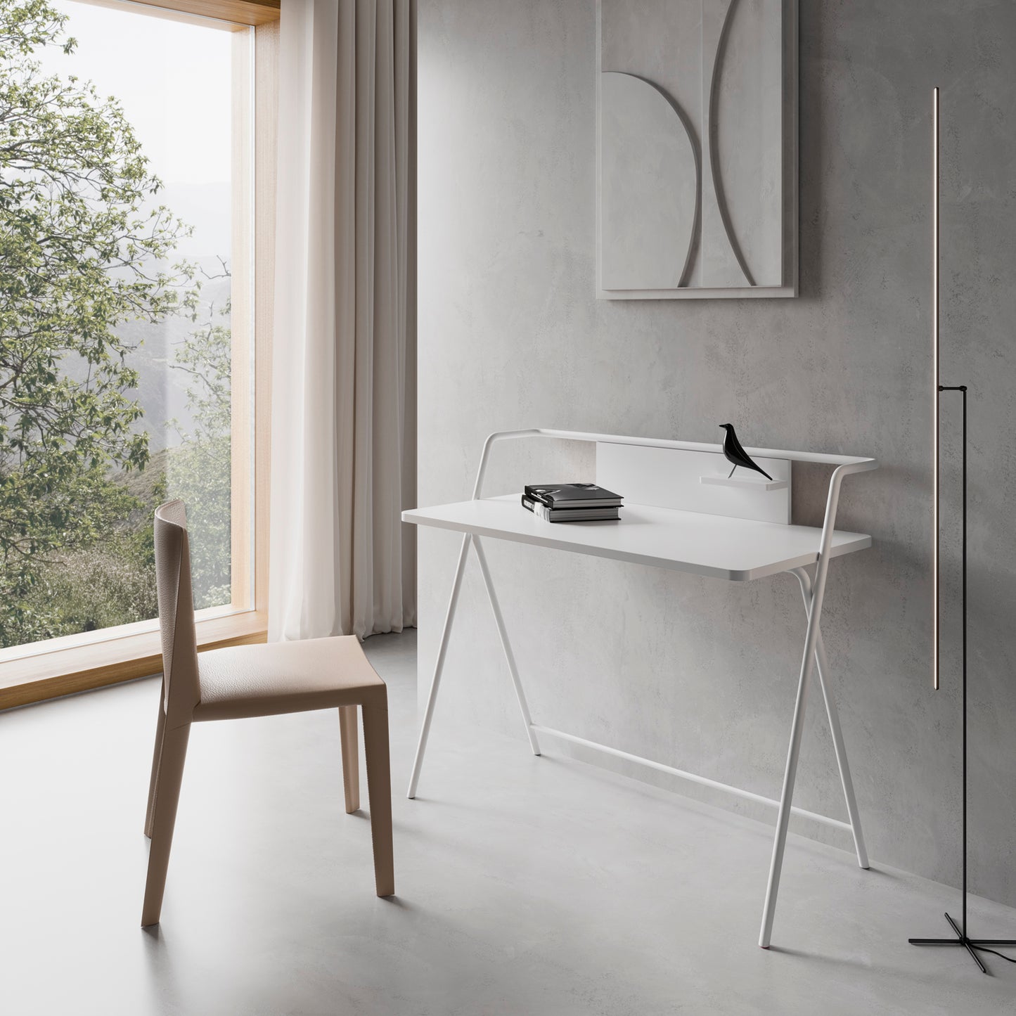 Escritorio de melamina con estructura metálica, diseño minimalista y funcional, fabricado en España con certificaciones FSC y PEFC, maussa, blanco