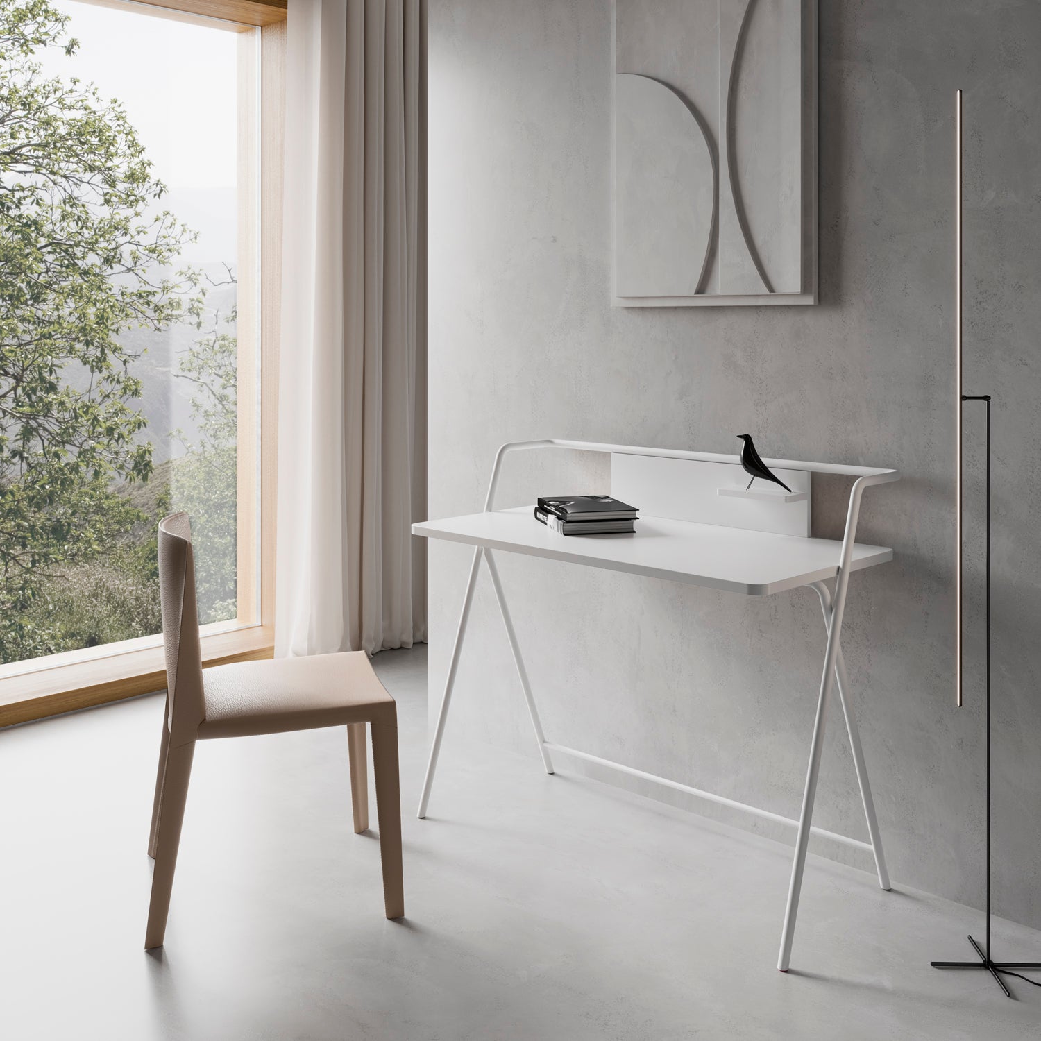 Escritorio de melamina con estructura metálica, diseño minimalista y funcional, fabricado en España con certificaciones FSC y PEFC, maussa, blanco