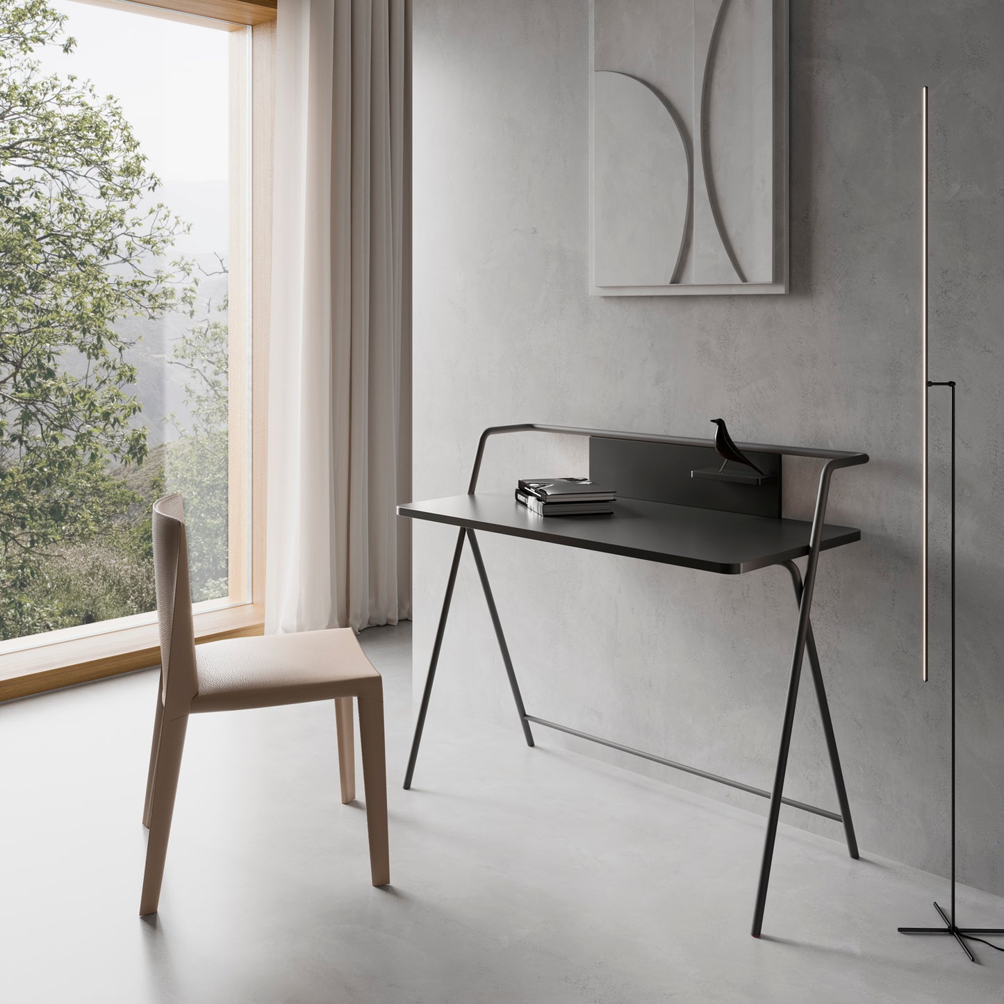 Escritorio de melamina con estructura metálica, diseño minimalista y funcional, fabricado en España con certificaciones FSC y PEFC, maussa, grafito