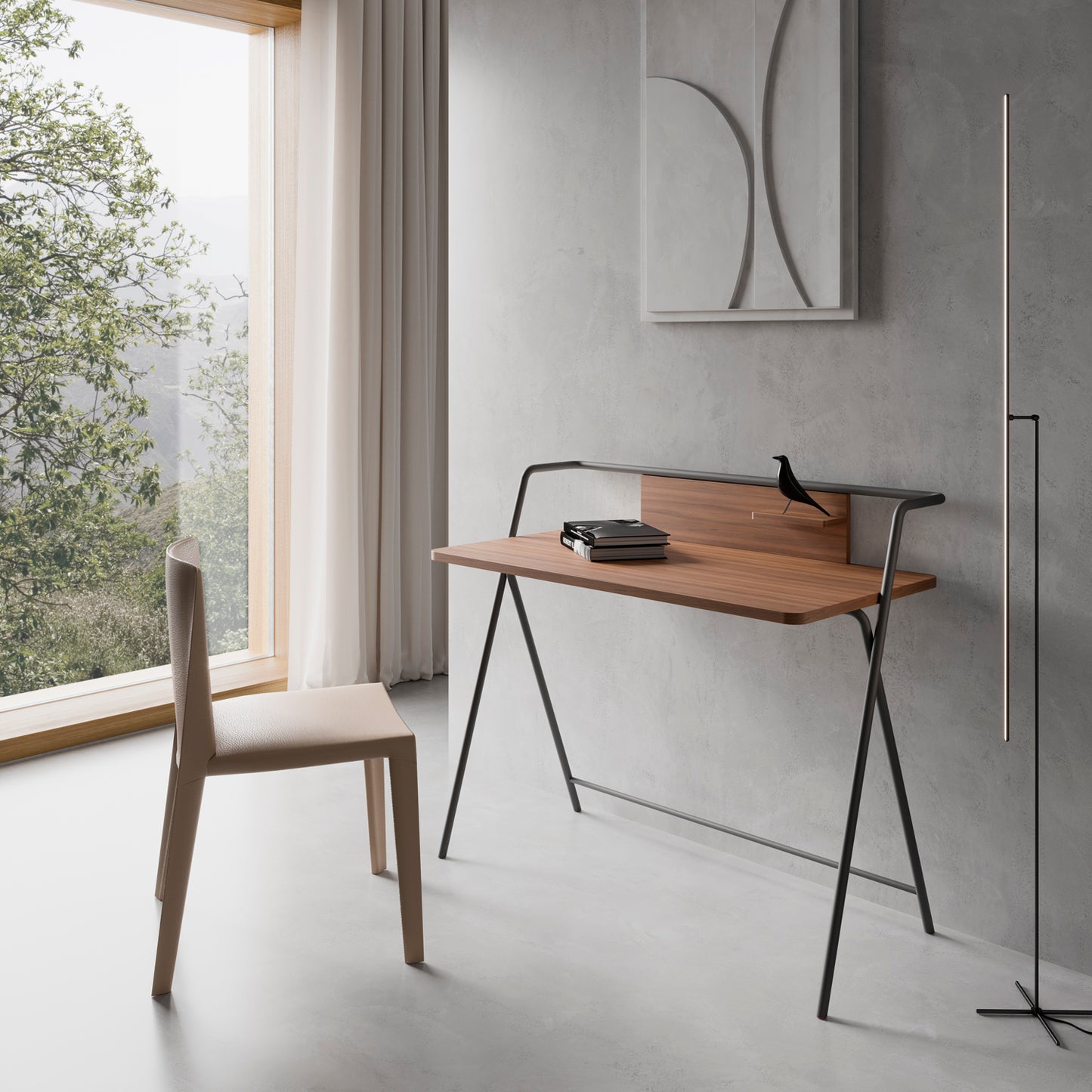 Escritorio de melamina con estructura metálica, diseño minimalista y funcional, fabricado en España con certificaciones FSC y PEFC, maussa, nogal