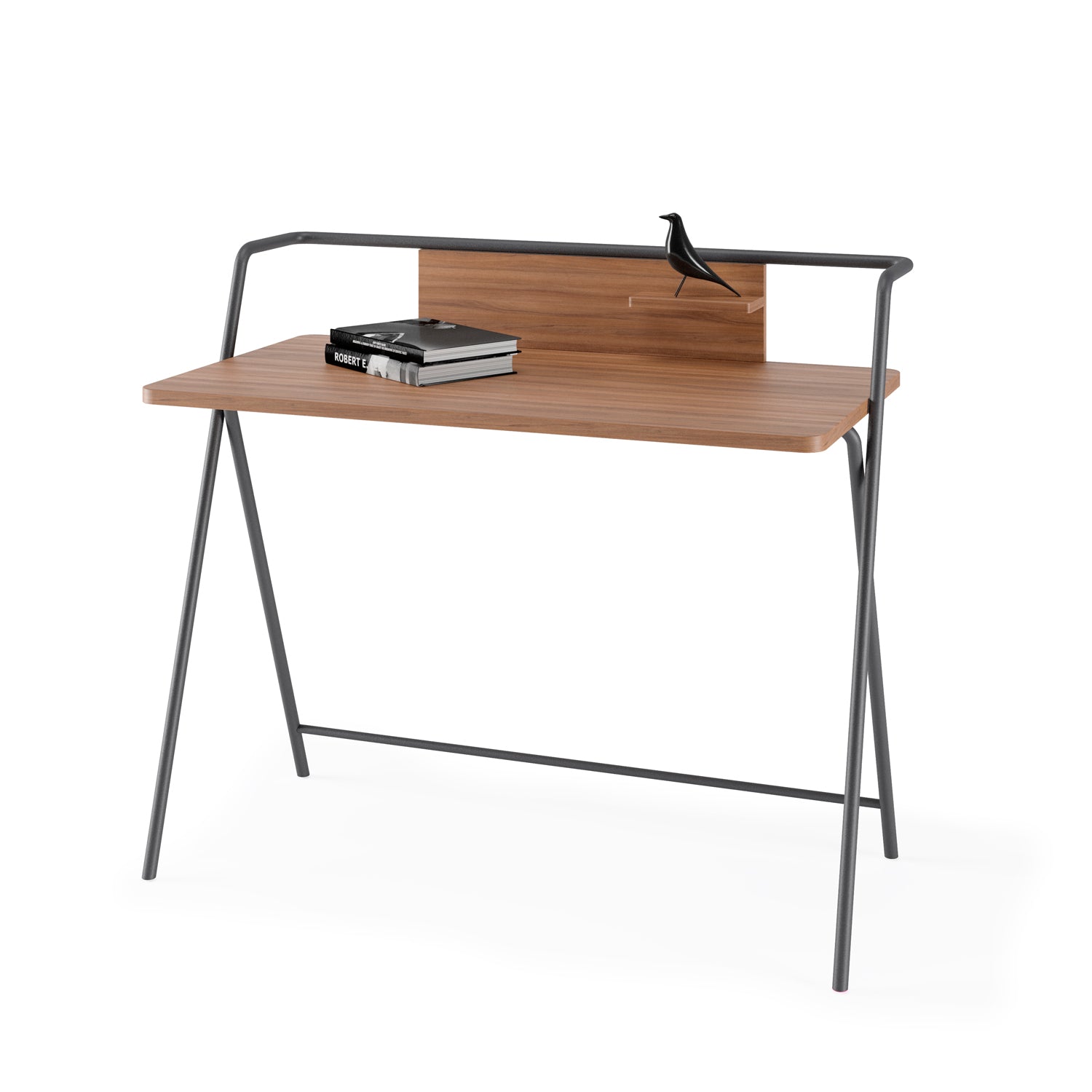 Escritorio de melamina con estructura metálica, diseño minimalista y funcional, fabricado en España con certificaciones FSC y PEFC, maussa, nogal