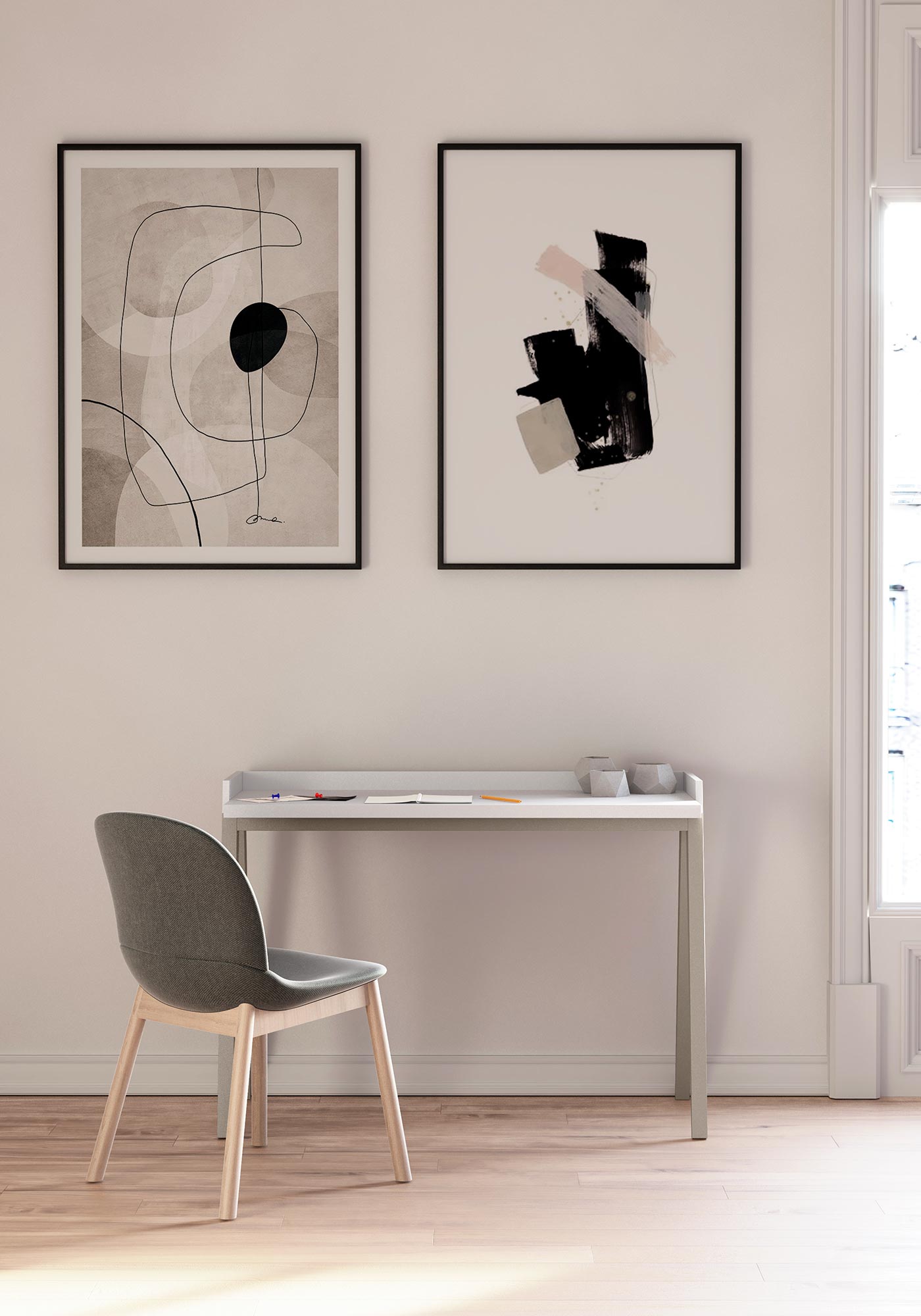 Escritorio de melamina con patas de madera de haya lacada, diseño elegante y funcional, ideal para hogar y oficina, maussa, blanco, arena