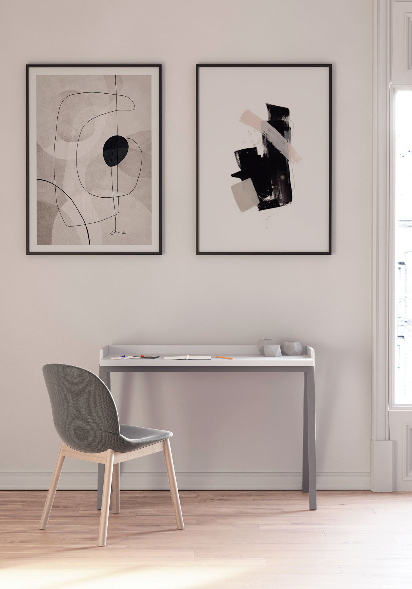 Escritorio de melamina con patas de madera de haya lacada, diseño elegante y funcional, ideal para hogar y oficina, maussa, blanco, gris