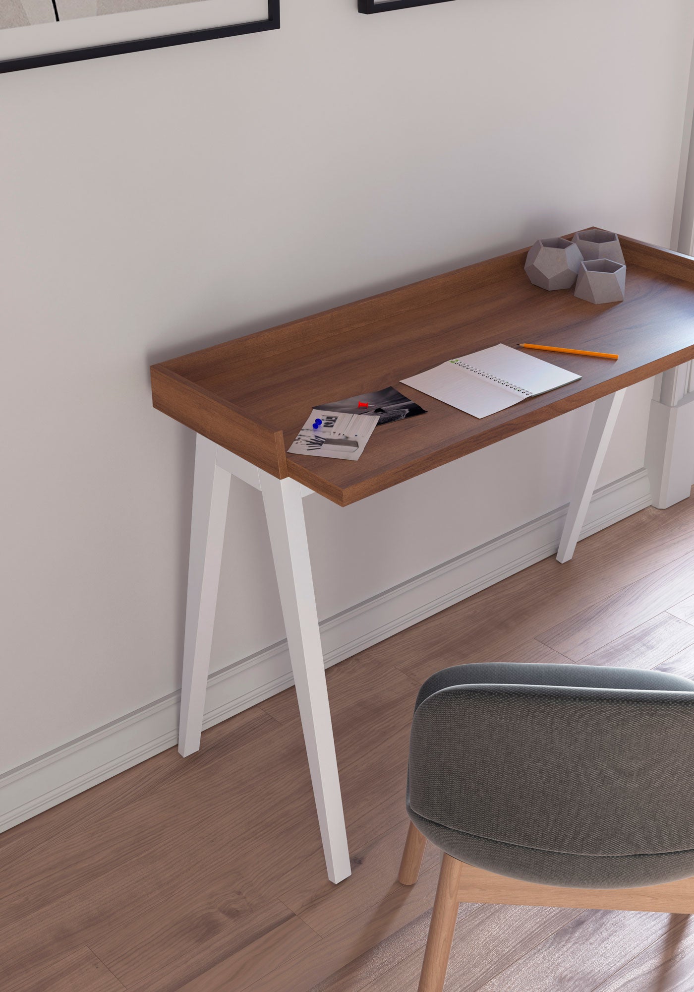 Escritorio de melamina con patas de madera de haya lacada, diseño elegante y funcional, ideal para hogar y oficina, maussa, nogal, blanco