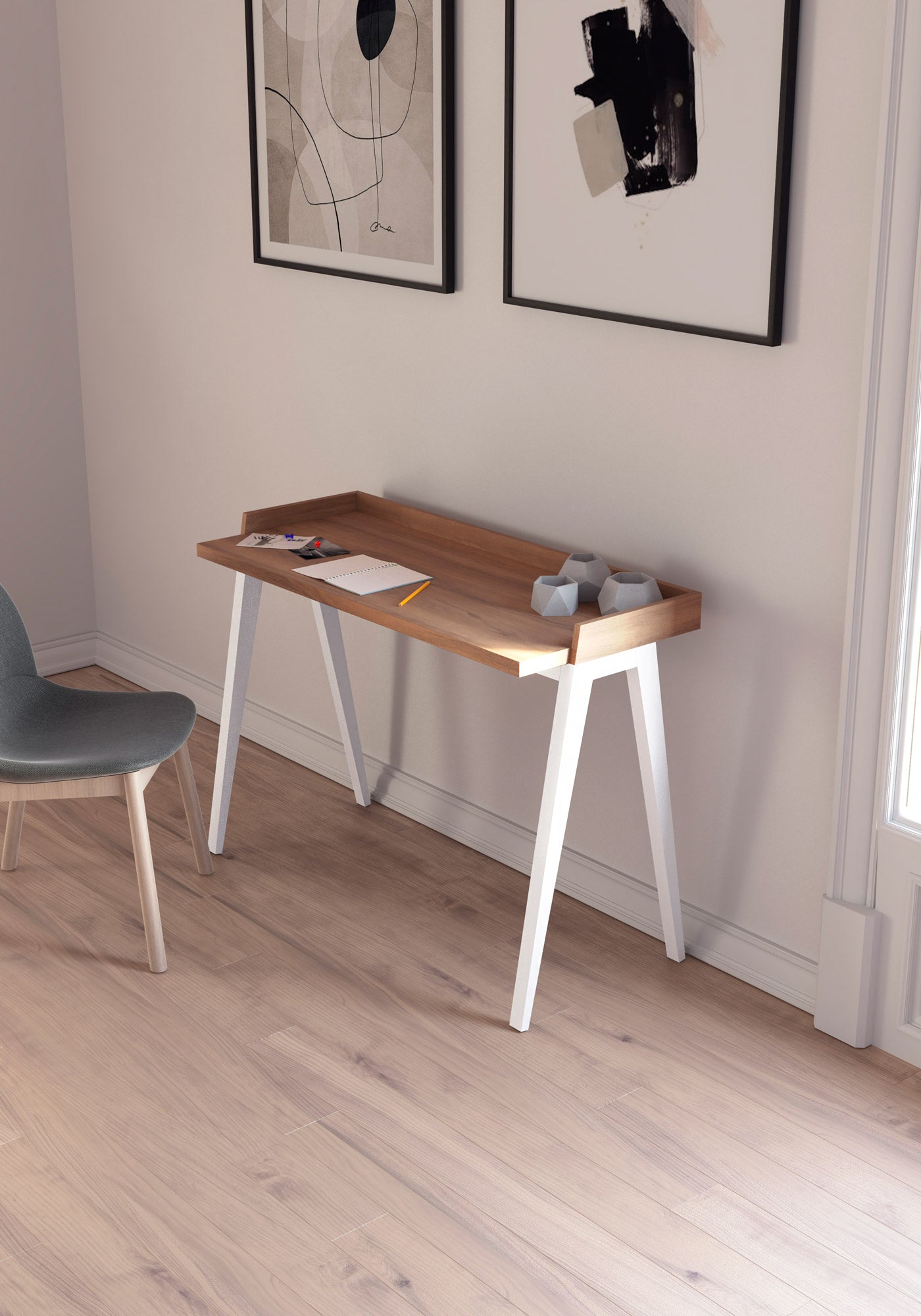 Escritorio de melamina con patas de madera de haya lacada, diseño elegante y funcional, ideal para hogar y oficina, maussa, nogal, blanco