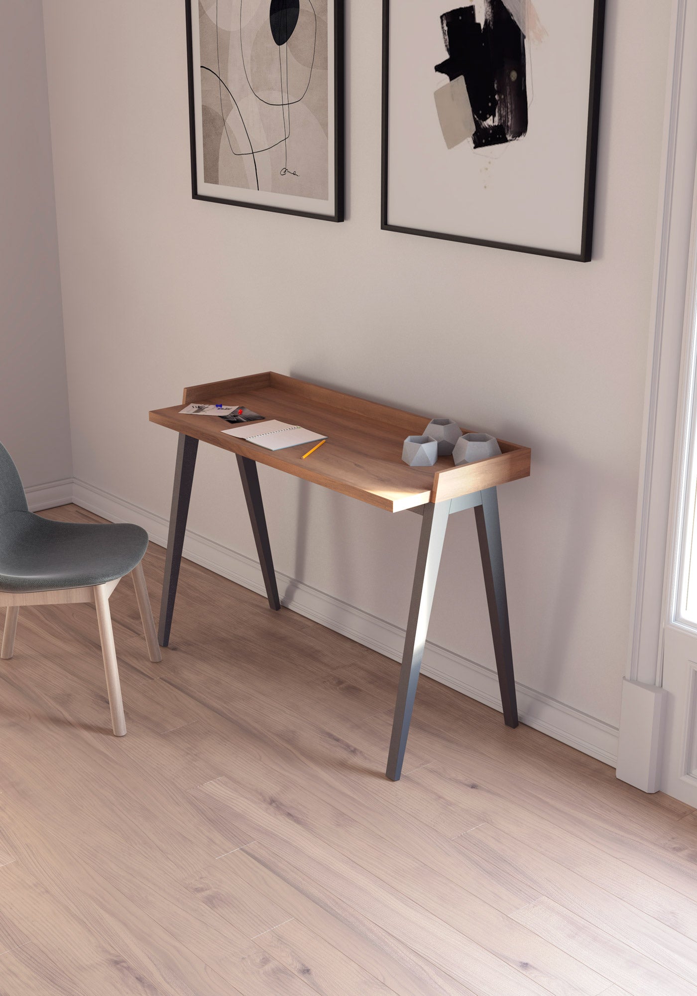 Escritorio de melamina con patas de madera de haya lacada, diseño elegante y funcional, ideal para hogar y oficina, maussa, nogal, grafito