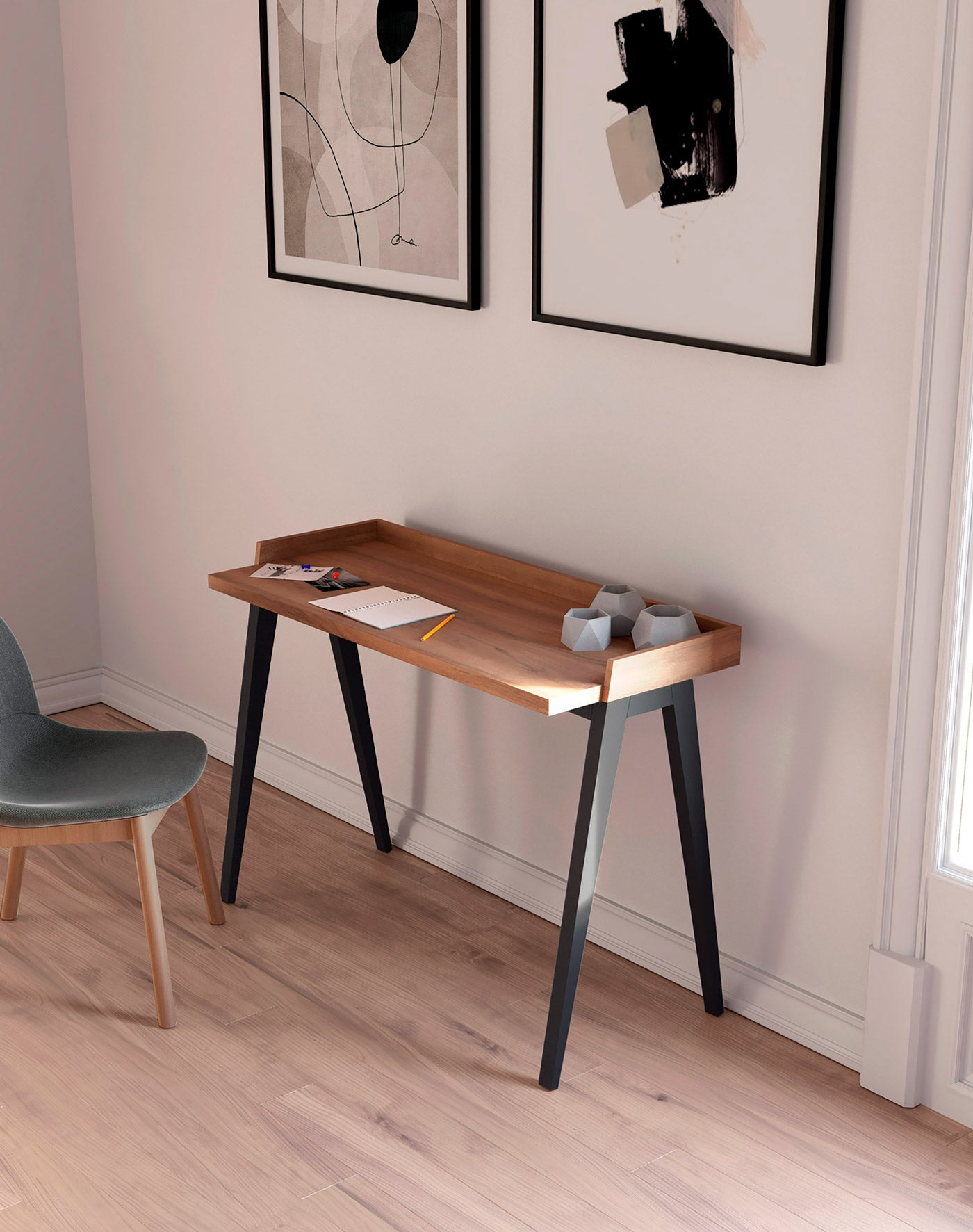 Escritorio de melamina con patas de madera de haya lacada, diseño elegante y funcional, ideal para hogar y oficina, maussa, nogal, grafito