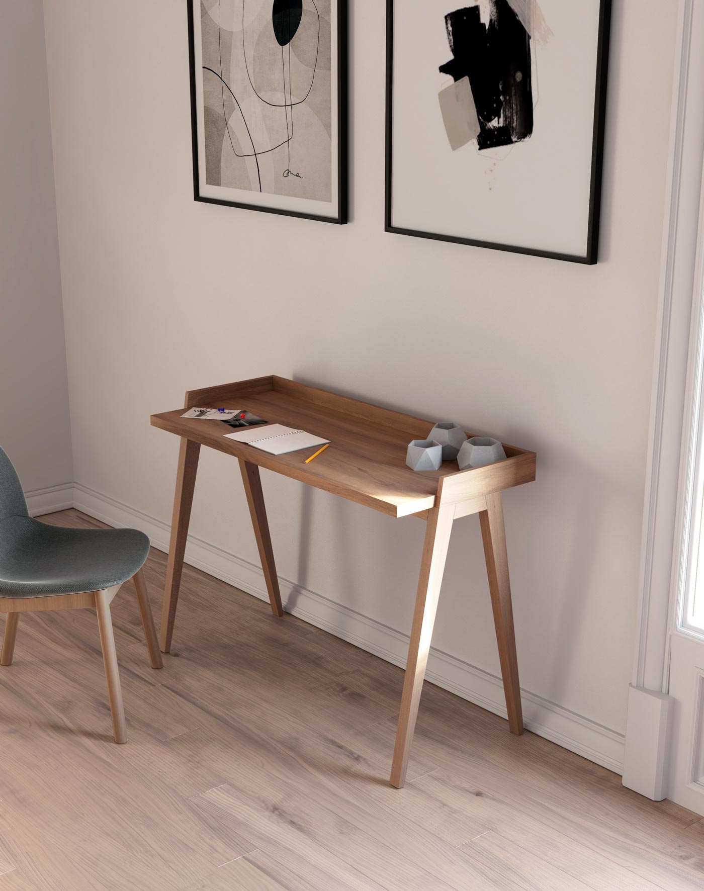 Escritorio de melamina con patas de madera de haya lacada, diseño elegante y funcional, ideal para hogar y oficina, maussa, nogal