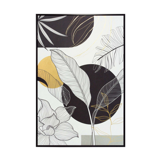 Cuadro moderno con hojas tropicales y detalles dorados, diseño elegante, 92x62x4 cm, maussa, elegancia, oro